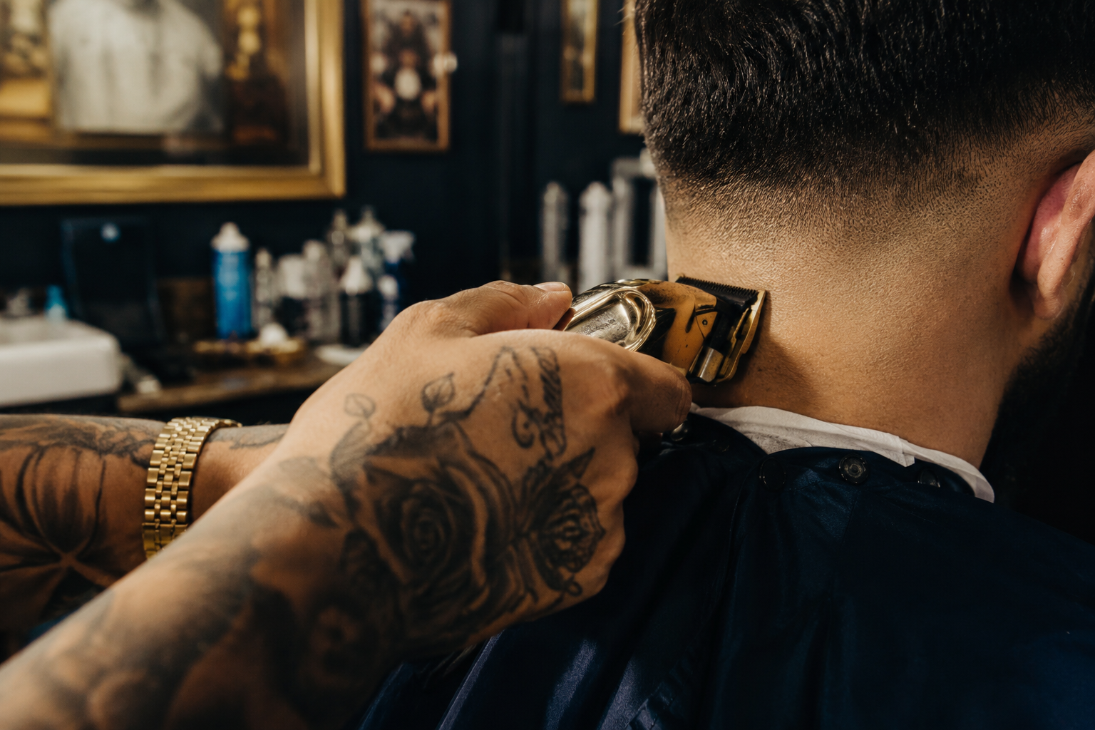 Barber shaping a fade at Florida Cut